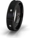 8mm Black Tungsten Ring Brushed White Sapphire Beveled Edges Comfort Fit
