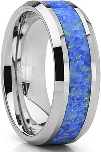 Tungsten Carbide Wedding Band Ring with Blue Green Simulated Opal Inlay 8mm