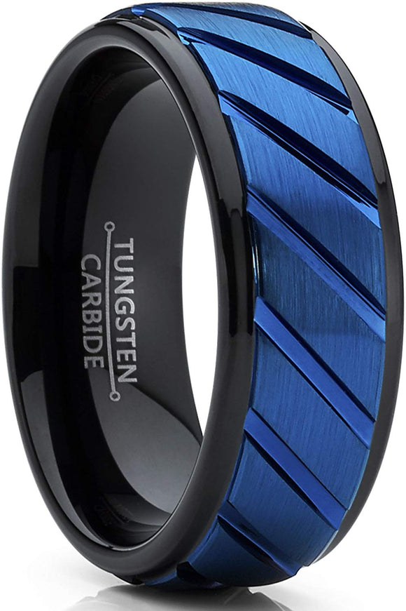 Tungsten Carbide Black and Blue with Grooved Raised Center, Comfort Fit