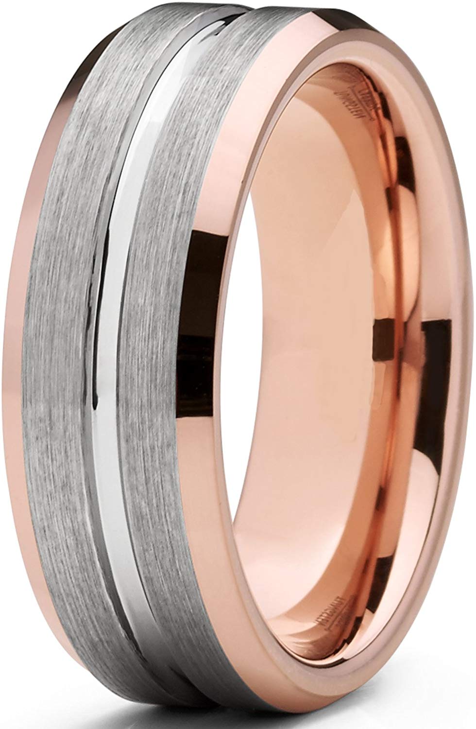Tungsten Carbide 8mm Flat Top Brushed Rose Tone, Pink Comfort Fit Band