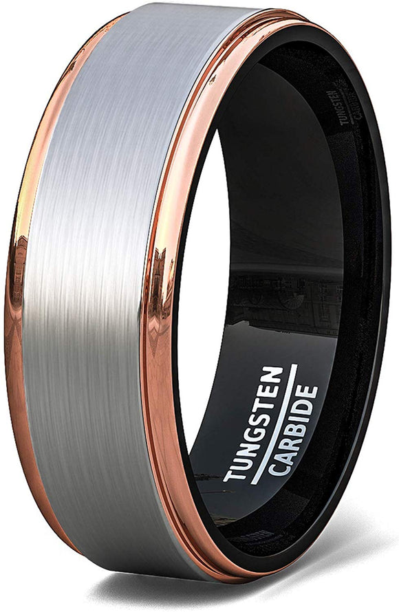 8mm Tri Color Tungsten Ring Rose Gold Black Brushed Surface Step Edge Comfort Fit