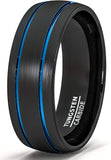 8mm Black Tungsten Ring Brushed Matte Double Groove Blue Inlay Dome Comfort Fit