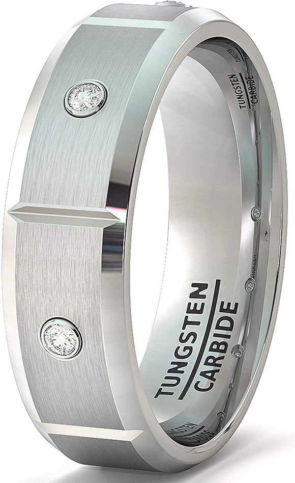8mm Tungsten Ring Beveled Edge Satin Sectioned with White Sapphire Comfort Fit