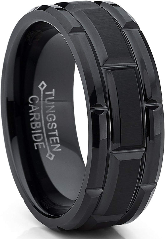 Tungsten Carbide Black Brushed Grooved Ring, Comfort Fit 8mm