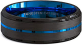 8mm Tungsten Carbide Black Matte Brushed Thin Blue Groove Line Step Edge Comfort Fit