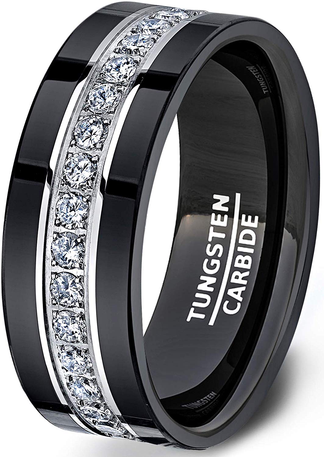 Black Tungsten Rings Fully Stacked Around The Ring with White Sapphire Comfort Fit