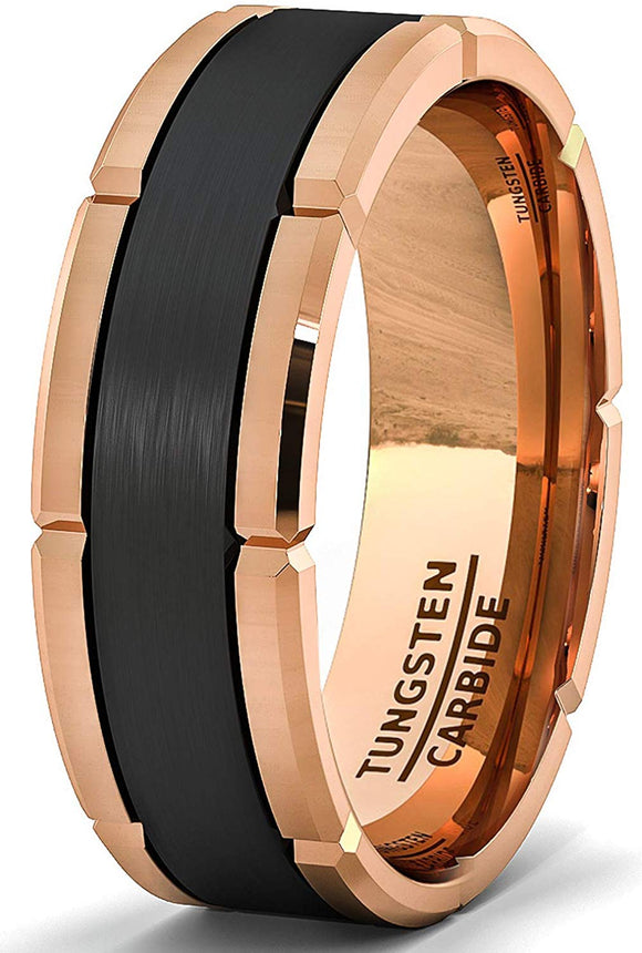 8mm Rose Gold Tungsten Ring Black Section Cut Comfort Fit