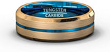 8mm Tungsten Ring Rose Gold Bonded Matte Brushed Center Blue Groove Line Beveled Edge Comfort Fit