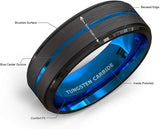 8mm Tungsten Carbide Black Matte Brushed Thin Blue Groove Line Step Edge Comfort Fit