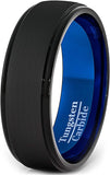 8mm Blue Black Brushed Mens Tungsten Ring Step Edge Comfort Fit
