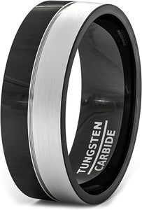 Black Tungsten Center Thin Inlay Mens Ring Flat Edges Comfort Fit