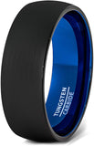 Two Tone Black Blue Tungsten Ring Brushed Center Dome 8mm Comfort Fit