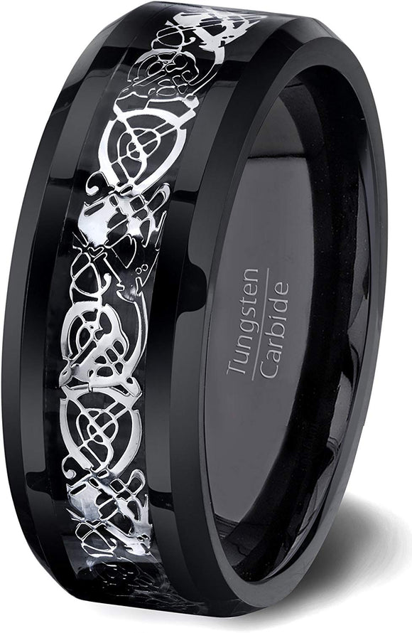Black Tungsten Ring High Polished Celtic Dragon Design Beveled Edge 8mm Comfort Fit