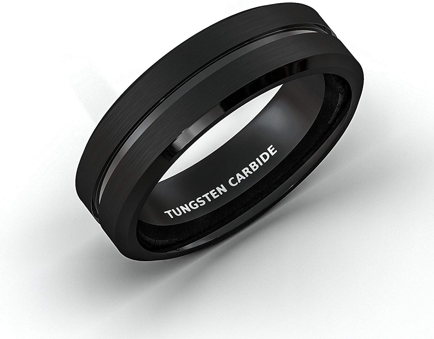 6mm Solid Black Groove Tungsten Ring Beveled Edge Comfort Fit