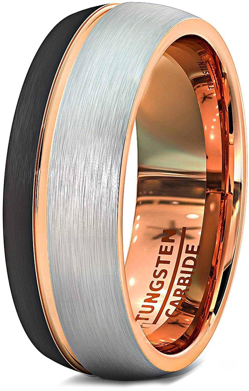 8mm Black White Brushed Tungsten Ring Thin Side Rose Gold Groove Dome Edge Comfort Fit