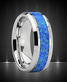 Tungsten Carbide Wedding Band Ring with Blue Green Simulated Opal Inlay 8mm