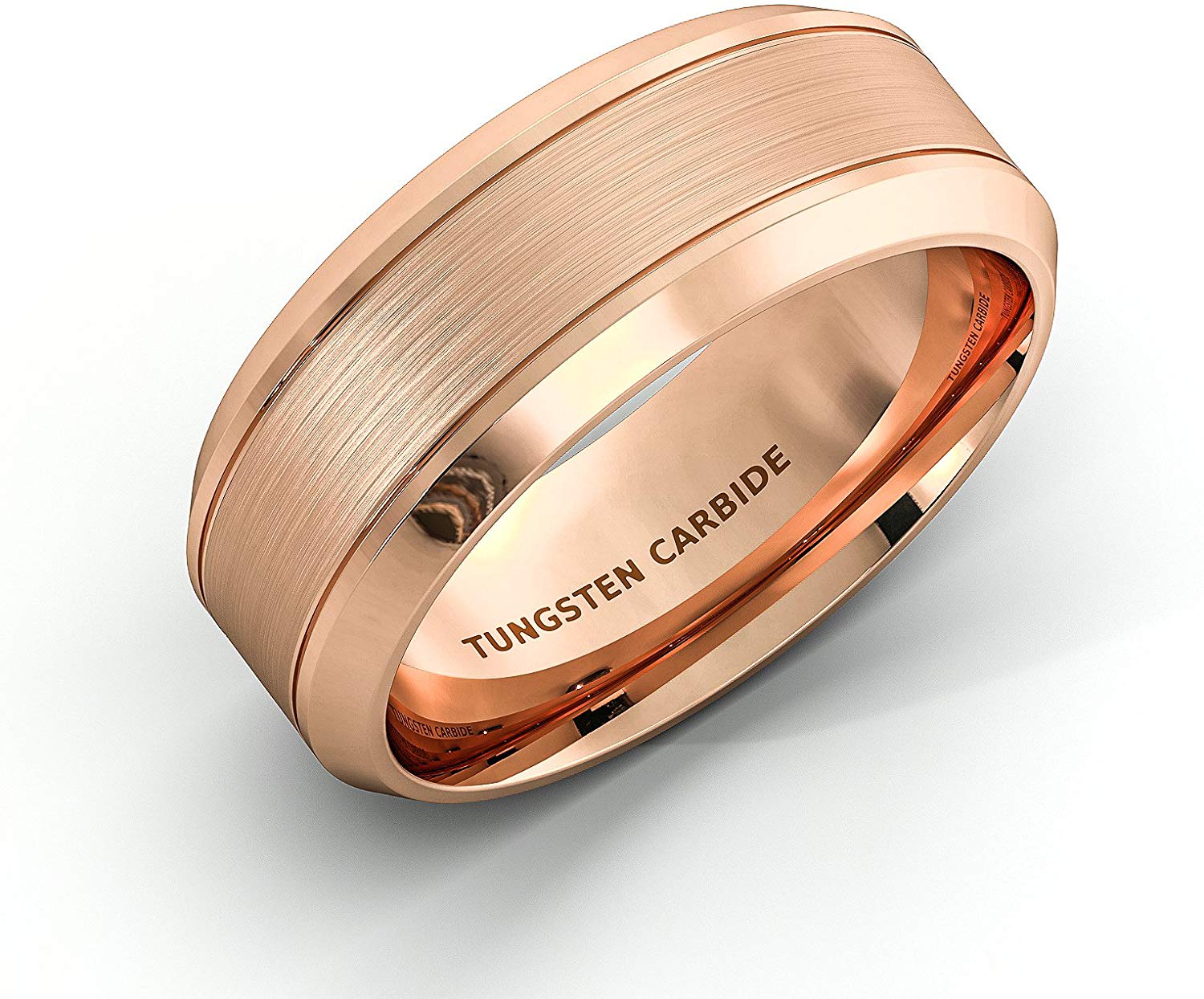 18k Plated Rose Gold 8mm Tungsten Ring Wire Brushed Double Groove Beveled Edge Comfort Fit