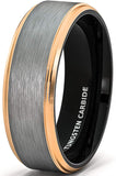 8mm Tri Color Tungsten Ring Rose Gold Black Brushed Surface Step Edge Comfort Fit