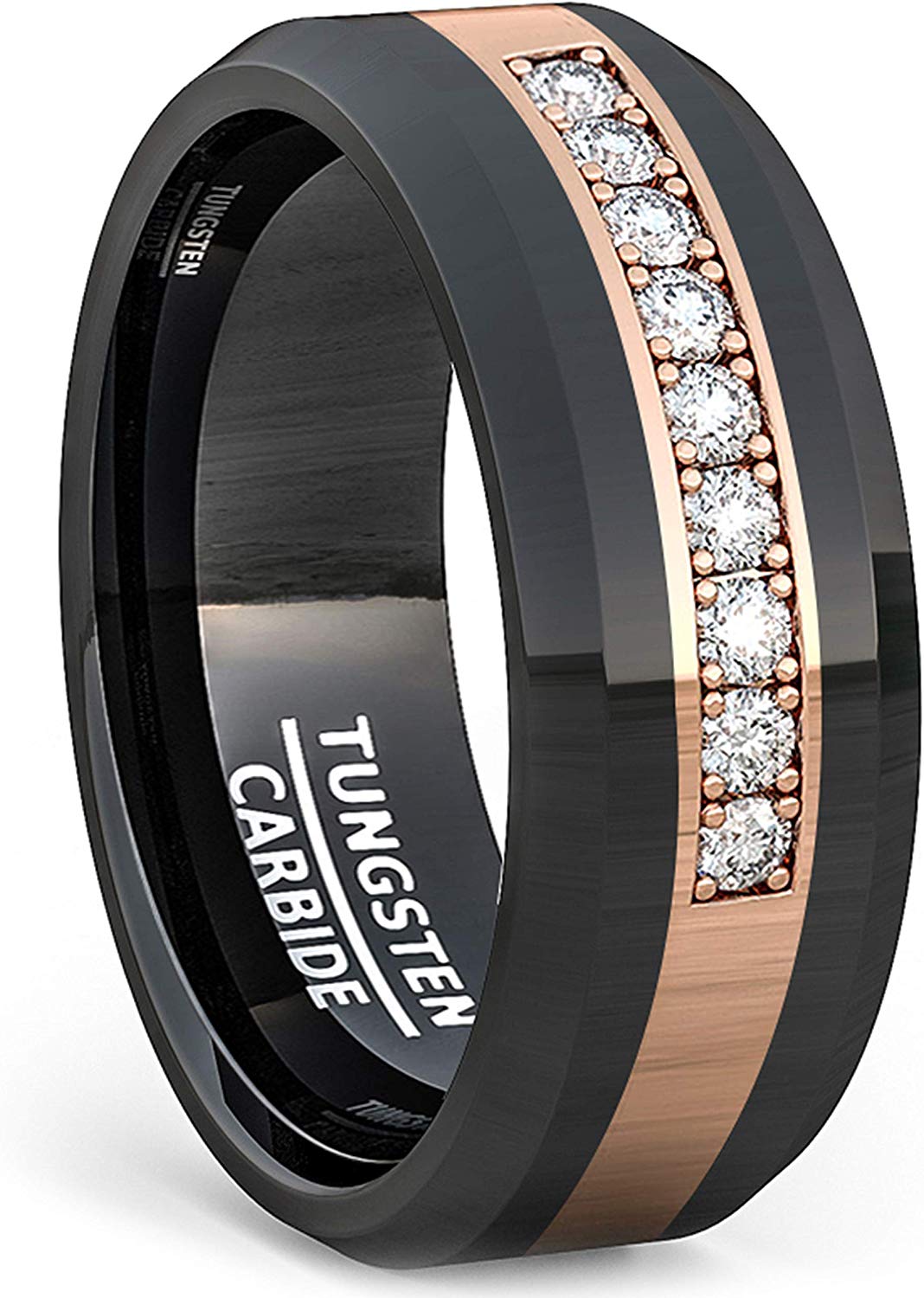 8mm Polished Tungsten Ring Inlay with White Sapphire Comfort Fit