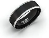 8mm Black Tungsten Ring Brushed Silver Step Edge Comfort Fit
