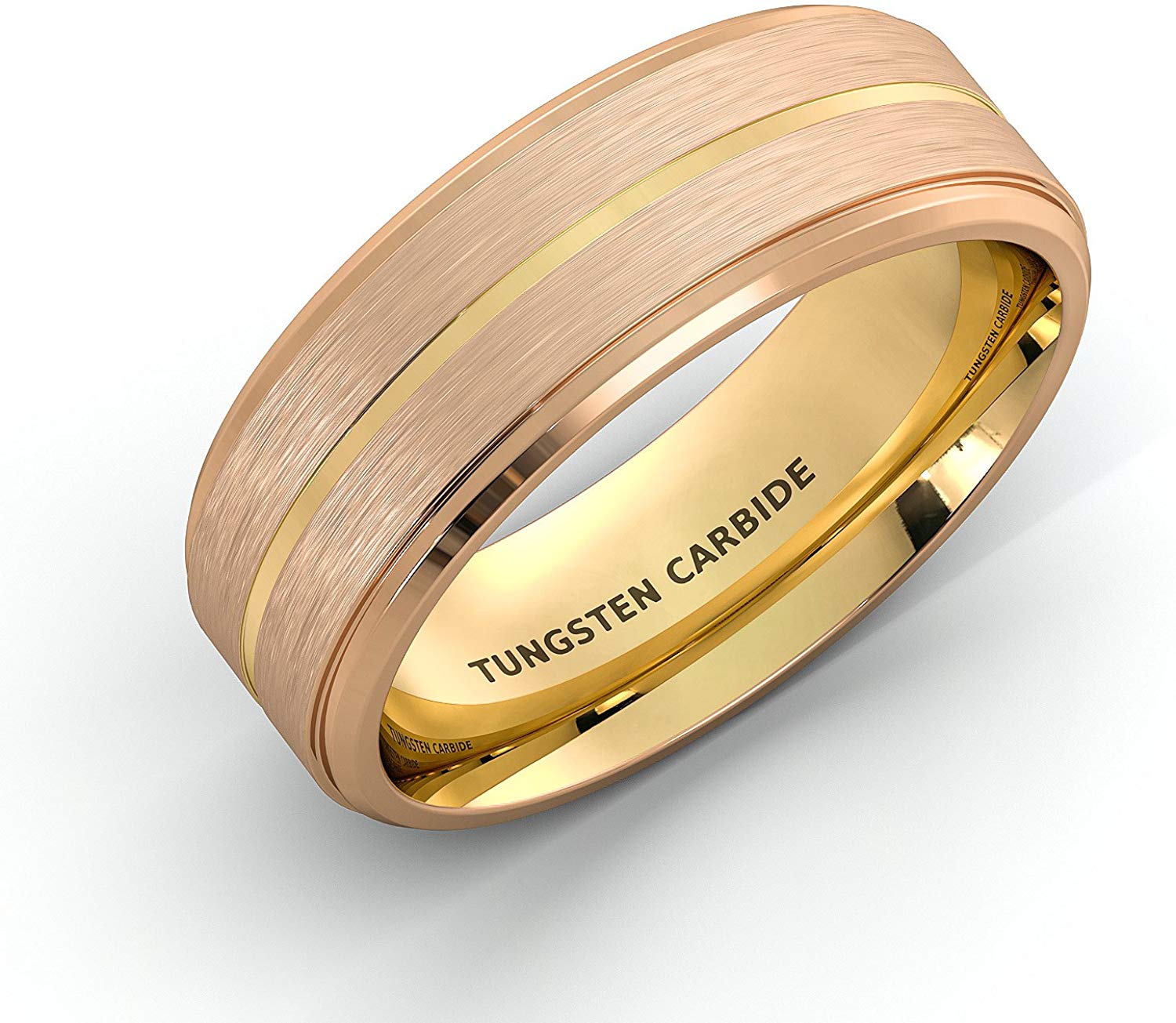 8mm Tungsten Ring Rose Gold Brushed Step Edge with 18k Plated Gold Groove Comfort Fit